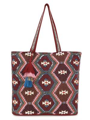Tribal Maroon & Multi Acrylic Cotton Canvas Chevron Embellished Tote Bag 1