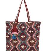 Tribal Maroon & Multi Acrylic Cotton Canvas Chevron Embellished Tote Bag