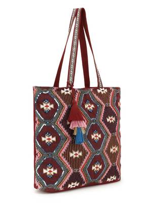 Tribal Maroon & Multi Acrylic Cotton Canvas Chevron Embellished Tote Bag 2