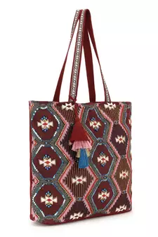 Tribal Maroon & Multi Acrylic Cotton Canvas Chevron Embellished Tote Bag