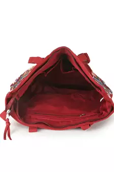 Tribal Maroon & Multi Acrylic Cotton Canvas Chevron Embellished Tote Bag