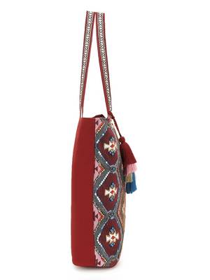 Tribal Maroon & Multi Acrylic Cotton Canvas Chevron Embellished Tote Bag 5