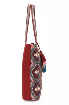 Tribal Maroon & Multi Acrylic Cotton Canvas Chevron Embellished Tote Bag