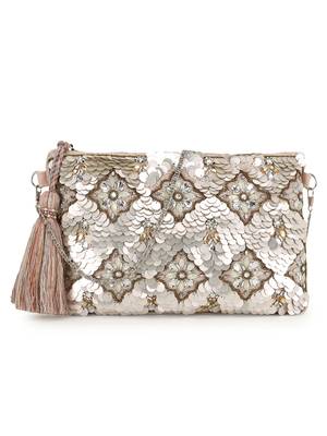 Ghoomar Pastel Pink & Champagne Zari Polycotton Floral Embellished Sling Bag 1