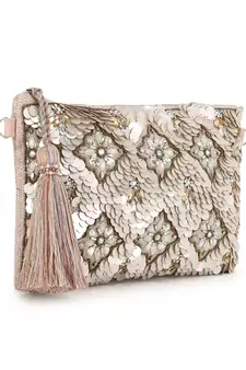 Ghoomar Pastel Pink & Champagne Zari Polycotton Floral Embellished Sling Bag