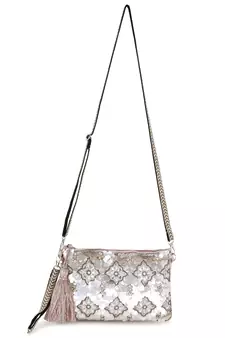 Ghoomar Pastel Pink & Champagne Zari Polycotton Floral Embellished Sling Bag