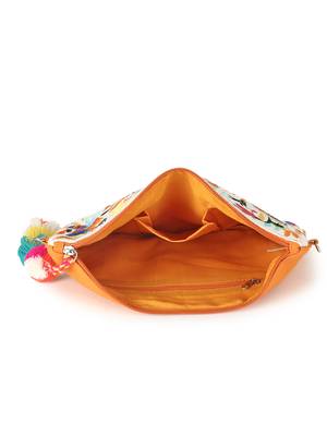 Anekaant Boho Orange & Multi Cotton Canvas Quirky Embroidered Sling Bag 4
