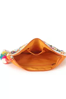 Anekaant Boho Orange & Multi Cotton Canvas Quirky Embroidered Sling Bag