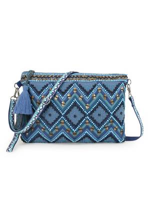 Boho Turquoise Blue & Multi Acrylic Cotton Canvas Chevron Embellished Sling Bag 1