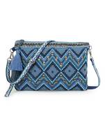Boho Turquoise Blue & Multi Acrylic Cotton Canvas Chevron Embellished Sling Bag