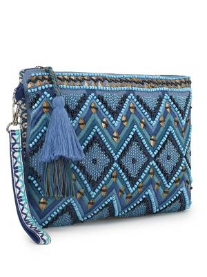 Boho Turquoise Blue & Multi Acrylic Cotton Canvas Chevron Embellished Sling Bag 2