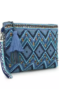 Boho Turquoise Blue & Multi Acrylic Cotton Canvas Chevron Embellished Sling Bag
