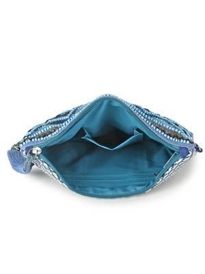 Boho Turquoise Blue & Multi Acrylic Cotton Canvas Chevron Embellished Sling Bag 4