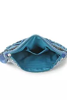 Boho Turquoise Blue & Multi Acrylic Cotton Canvas Chevron Embellished Sling Bag