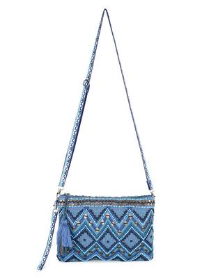 Boho Turquoise Blue & Multi Acrylic Cotton Canvas Chevron Embellished Sling Bag 5