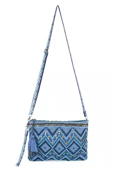Boho Turquoise Blue & Multi Acrylic Cotton Canvas Chevron Embellished Sling Bag