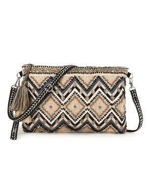 Boho Champagne & Multi Acrylic Cotton Canvas Chevron Embellished Sling Bag 1