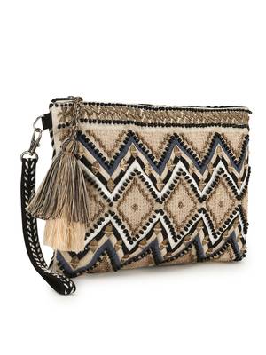 Boho Champagne & Multi Acrylic Cotton Canvas Chevron Embellished Sling Bag 2