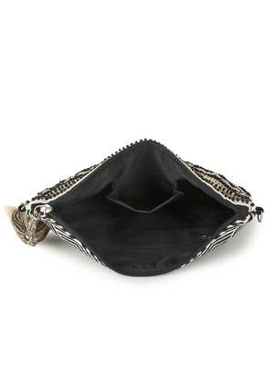 Boho Champagne & Multi Acrylic Cotton Canvas Chevron Embellished Sling Bag 4