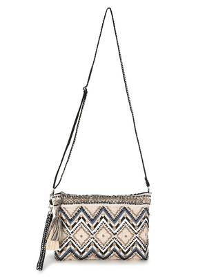 Boho Champagne & Multi Acrylic Cotton Canvas Chevron Embellished Sling Bag 5