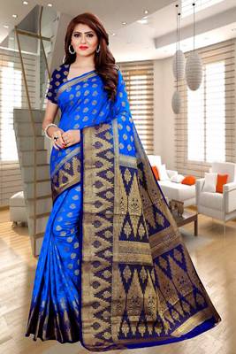 Light blue woven faux kanjivaram silk saree with blouse 1