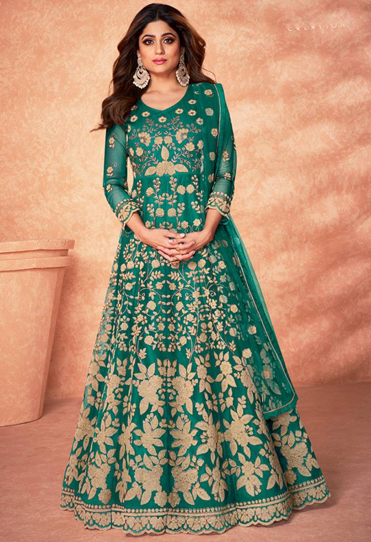 Teal embroidered net salwar