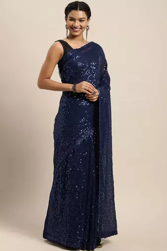 Navy blue embroidered satin saree with blouse