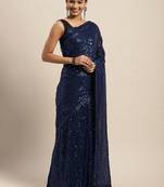 Navy blue embroidered satin saree with blouse