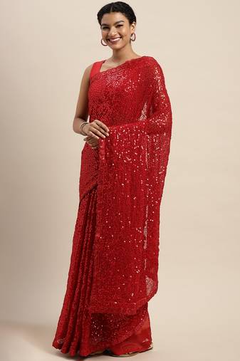 Red embroidered satin saree with blouse