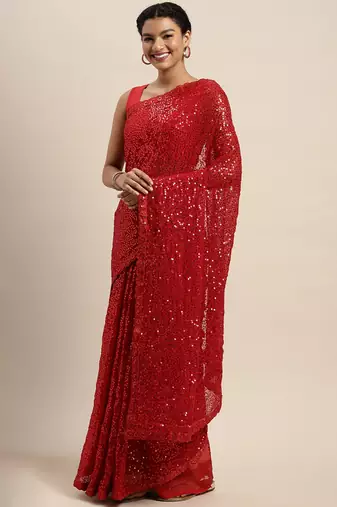 Red embroidered satin saree with blouse
