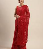 Red embroidered satin saree with blouse