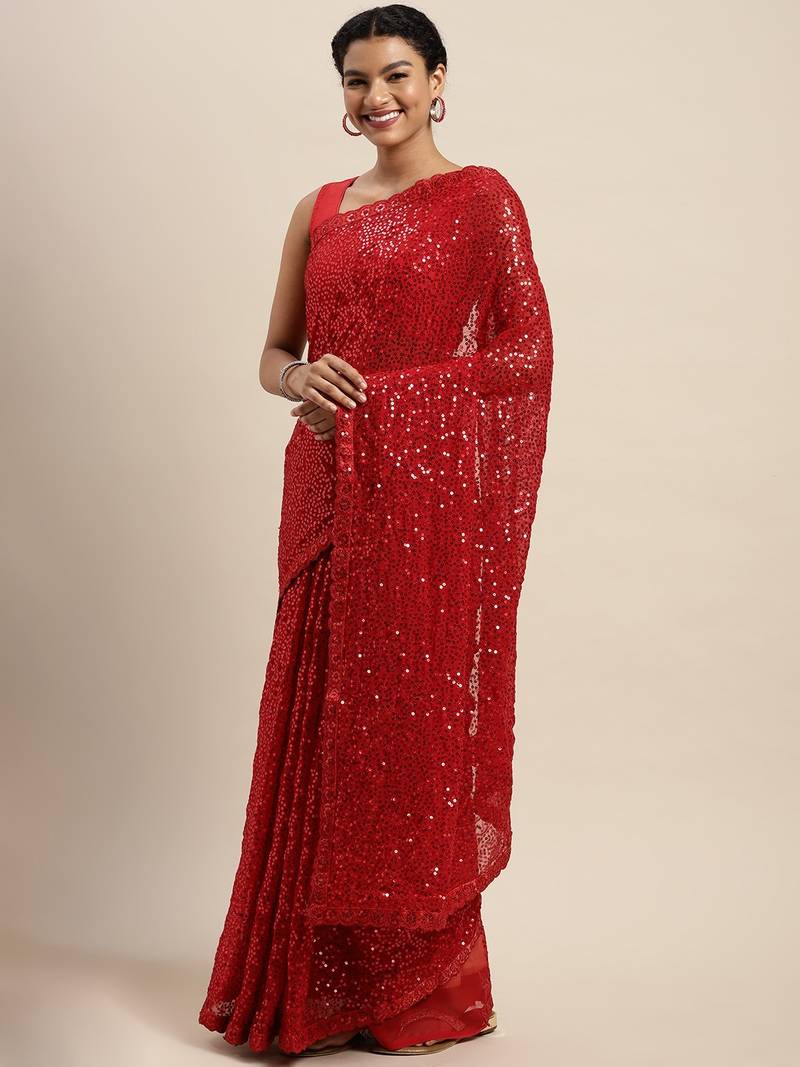 Red embroidered satin saree with blouse
