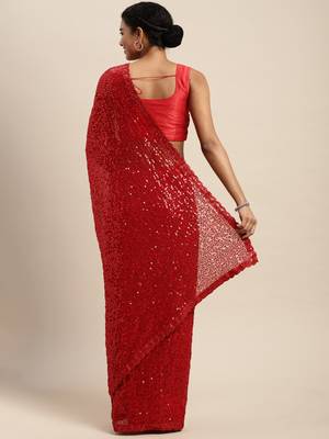 Red embroidered satin saree with blouse 2