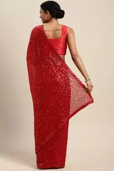 Red embroidered satin saree with blouse