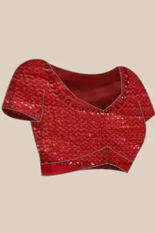 Red embroidered satin saree with blouse