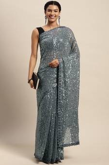 Grey embroidered satin saree with blouse