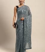 Grey embroidered satin saree with blouse