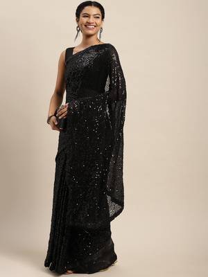 Black embroidered satin saree with blouse 1