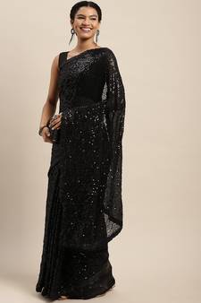 Black embroidered satin saree with blouse