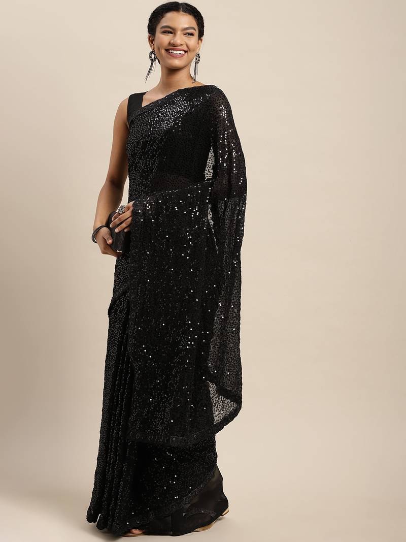 Black embroidered satin saree with blouse