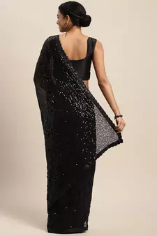 Black embroidered satin saree with blouse