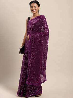 Purple embroidered satin saree with blouse 1