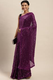 Purple embroidered satin saree with blouse