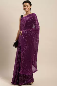 Purple embroidered satin saree with blouse