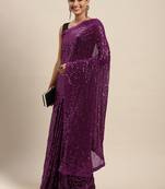 Purple embroidered satin saree with blouse