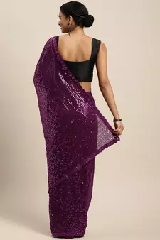 Purple embroidered satin saree with blouse