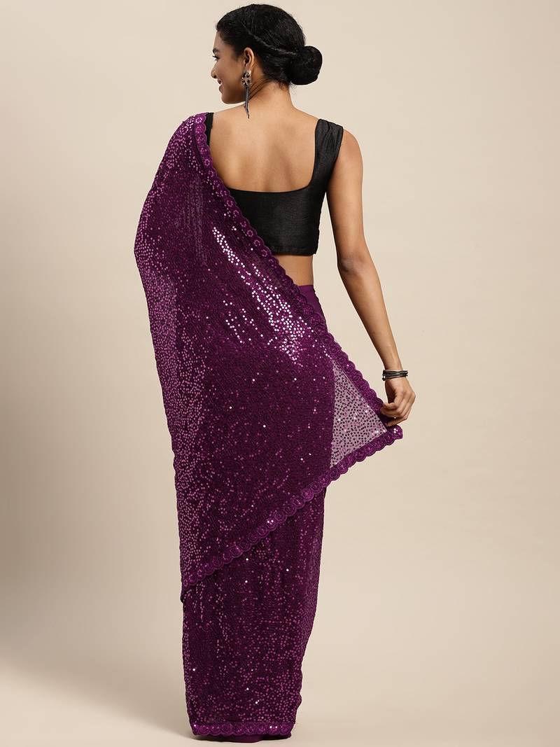 Purple embroidered satin saree with blouse