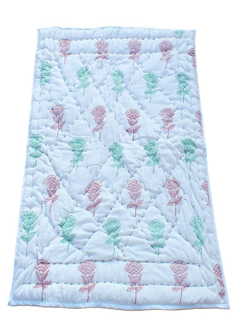 Floral Handblock Print Hand Quilted Baby Quilt With Filled Hand