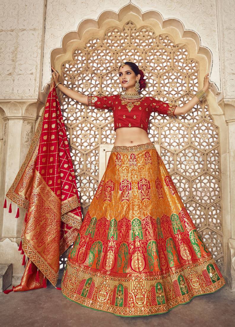 Multicolor hand woven silk semi stitched lehenga