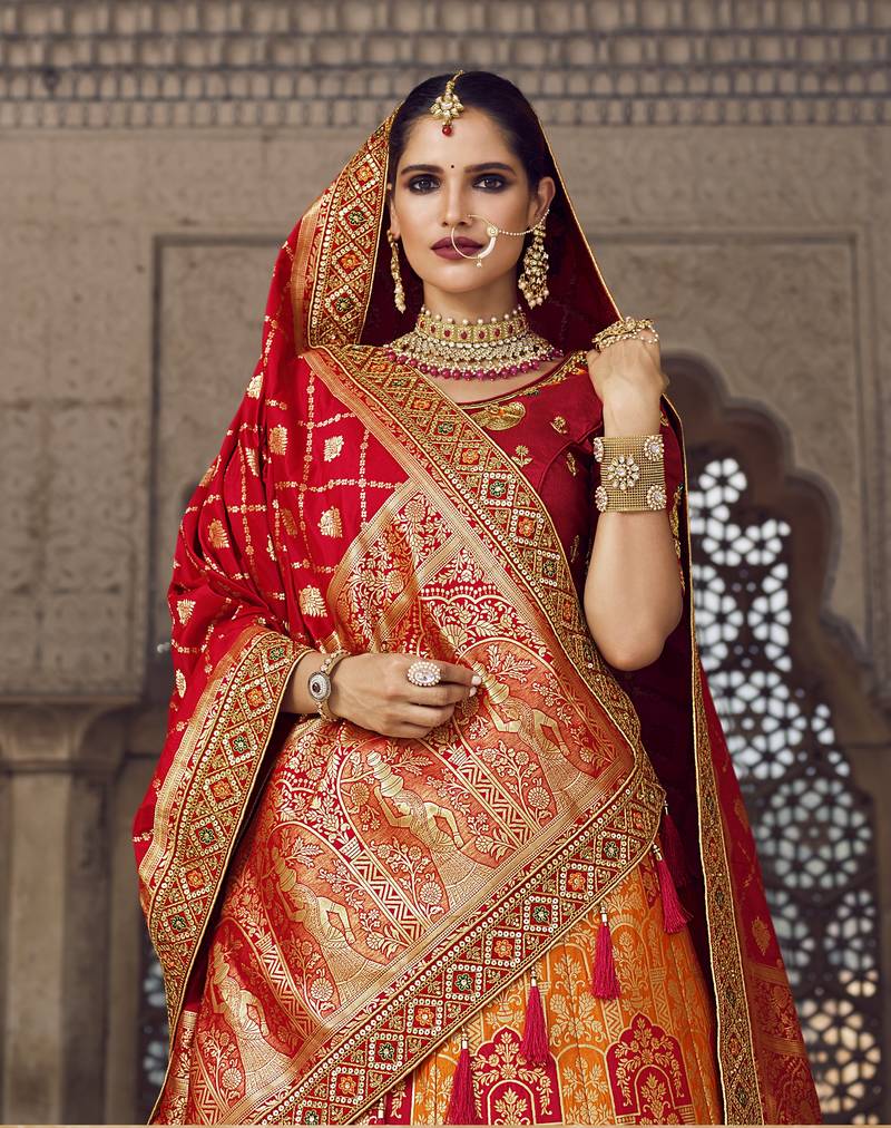 Multicolor hand woven silk semi stitched lehenga